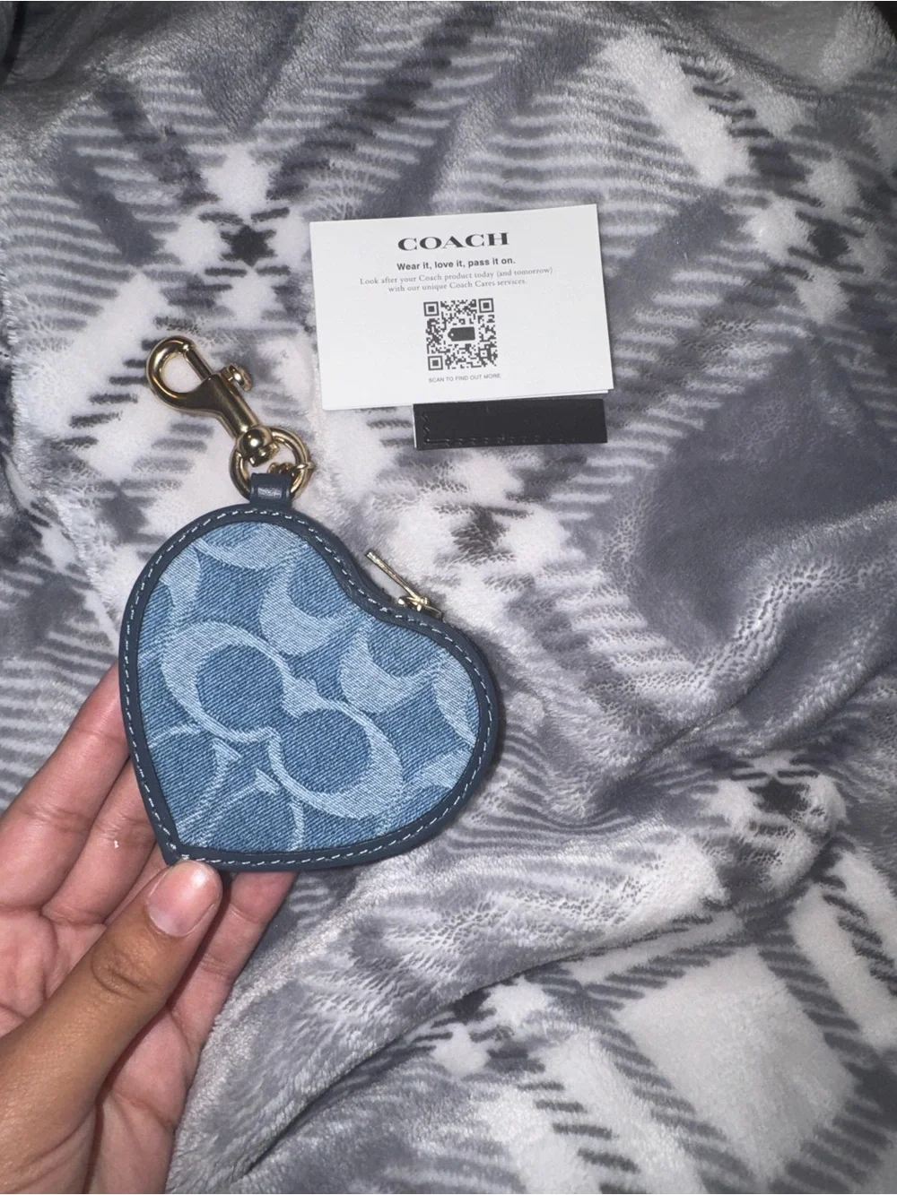 COACH denim  Heart Keychain Coin Purse - Denim Blue Signature